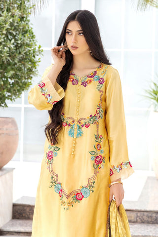 Yellow Floral Embroidered Pure Silk Salwar Kameez (3-Piece) - Image 5