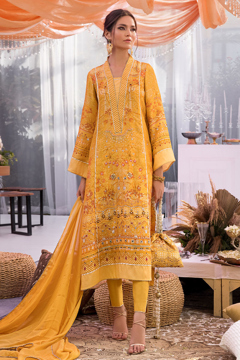 Moonbeam Yellow Embellished Silk Salwar Kameez (3-Piece) - Image 1