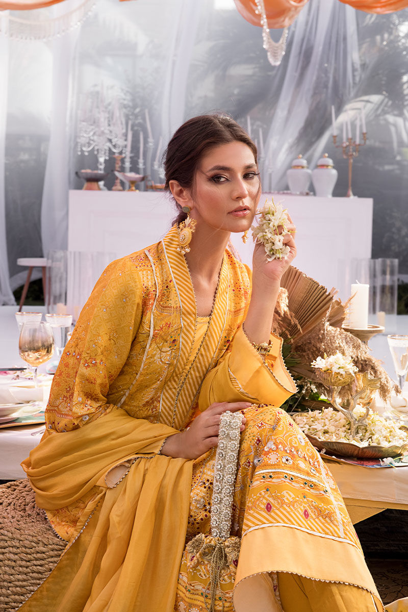 Moonbeam Yellow Embellished Silk Salwar Kameez (3-Piece) - Image 2