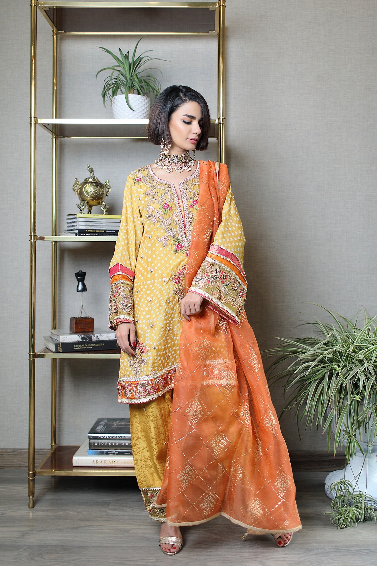 Mustard Gota Embroidered Chunri Silk Salwar Kameez (2-Piece) - Image 1