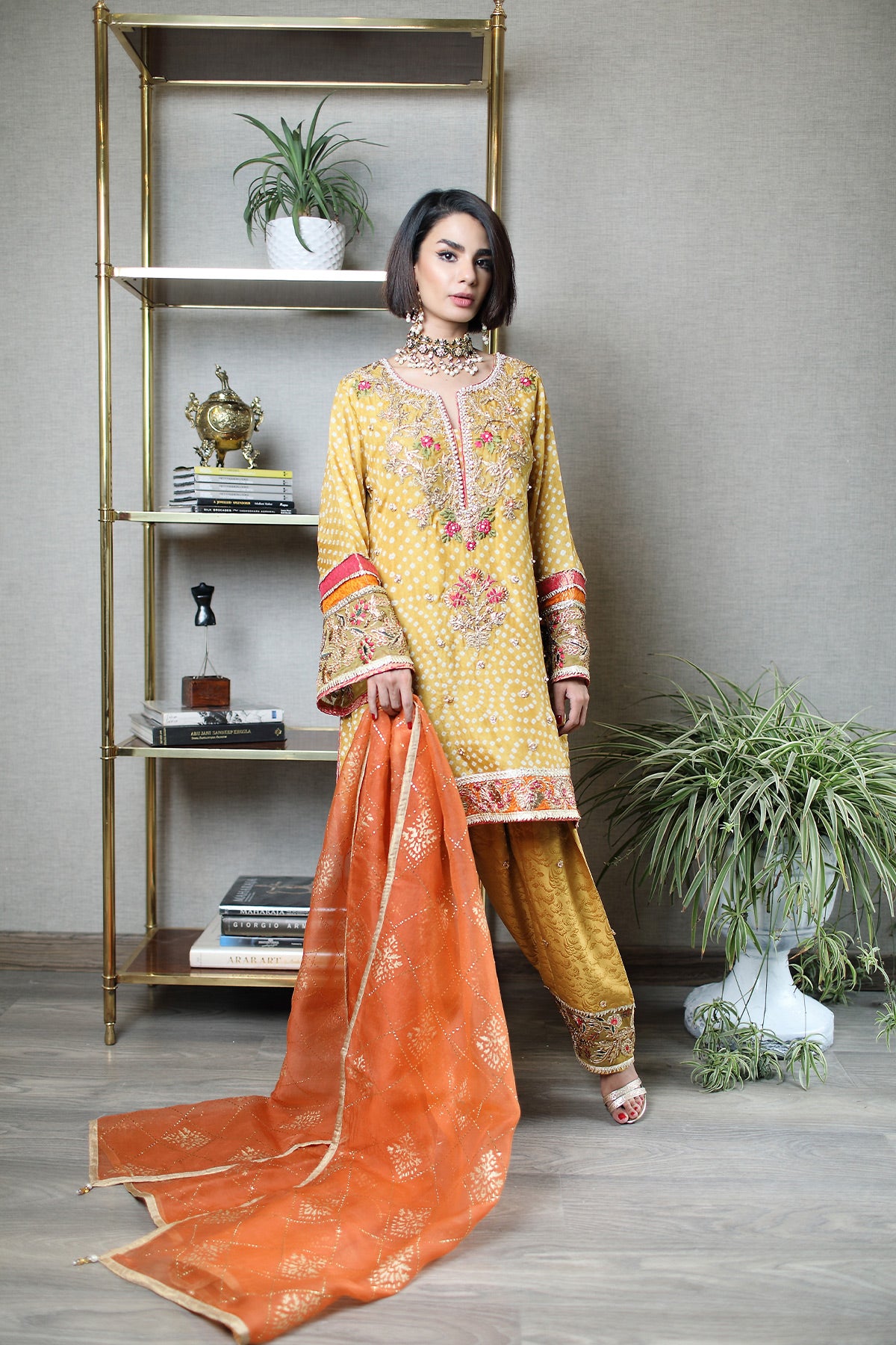 Mustard Gota Embroidered Chunri Silk Salwar Kameez (2-Piece) - Image 2
