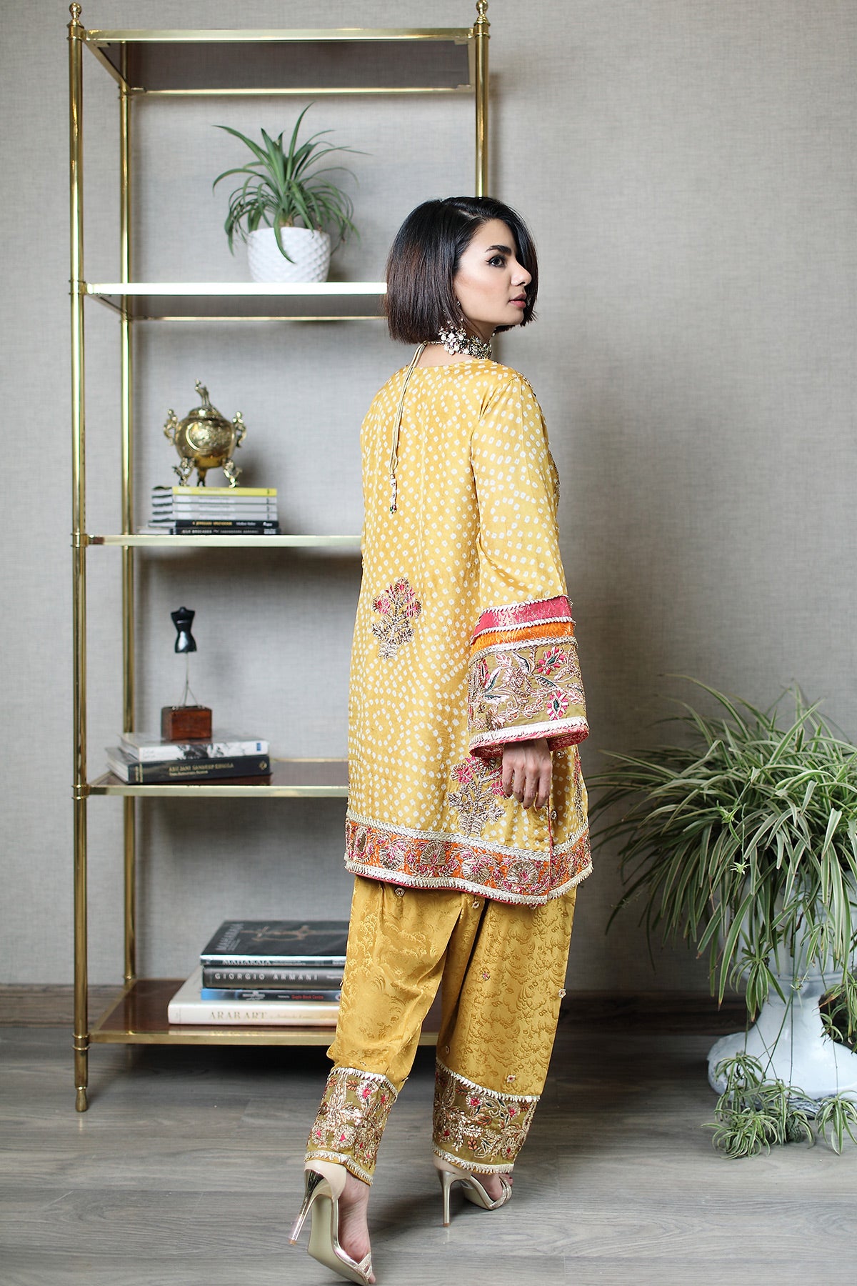 Mustard Gota Embroidered Chunri Silk Salwar Kameez (2-Piece) - Image 3