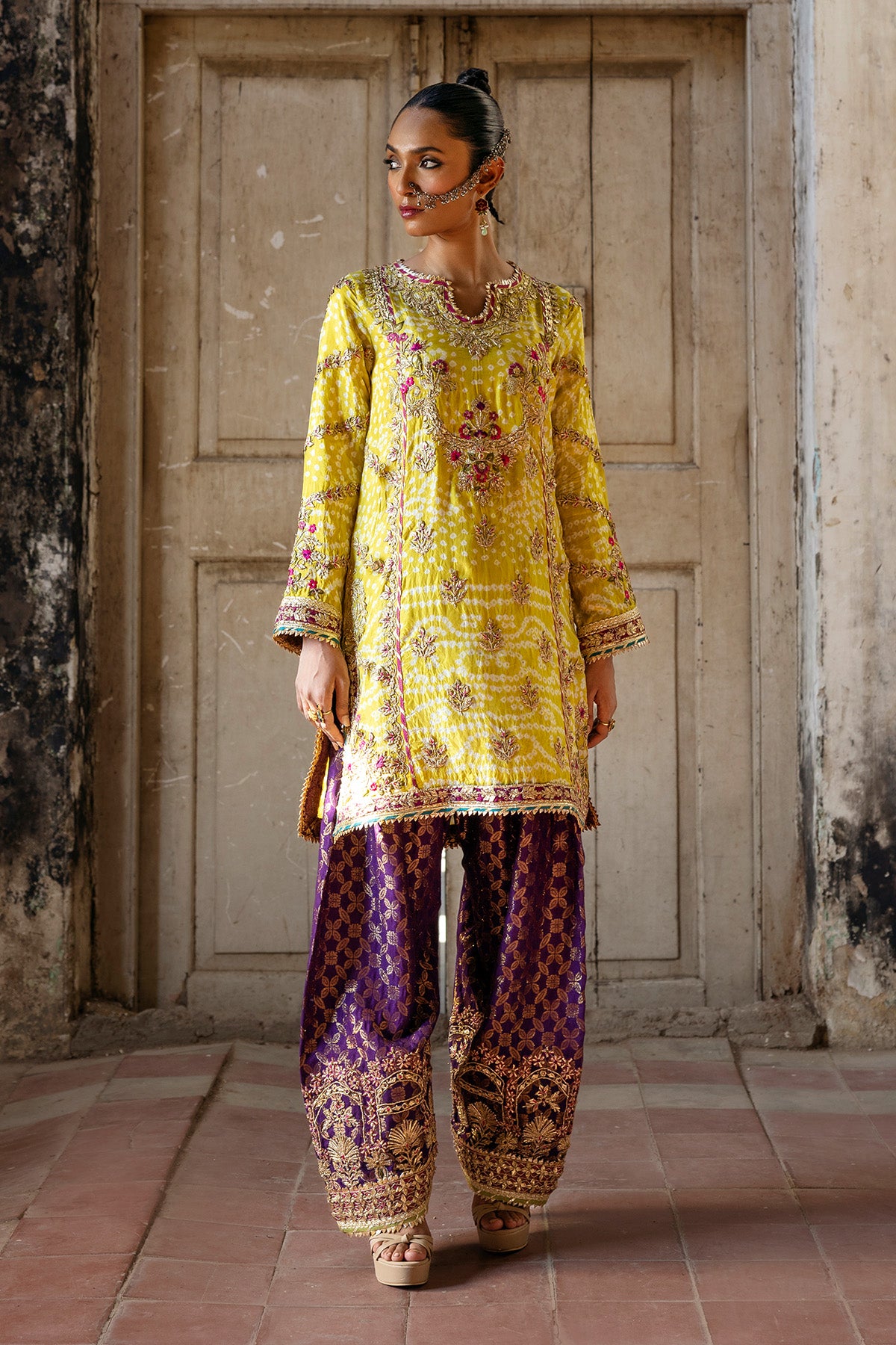 Pakistani Yellow Chunri Silk Kameez with Purple Zari Shalwar (2-Piece) - Image 1