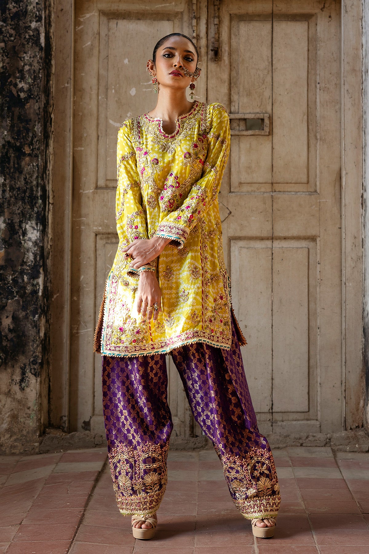 Pakistani Yellow Chunri Silk Kameez with Purple Zari Shalwar (2-Piece) - Image 2