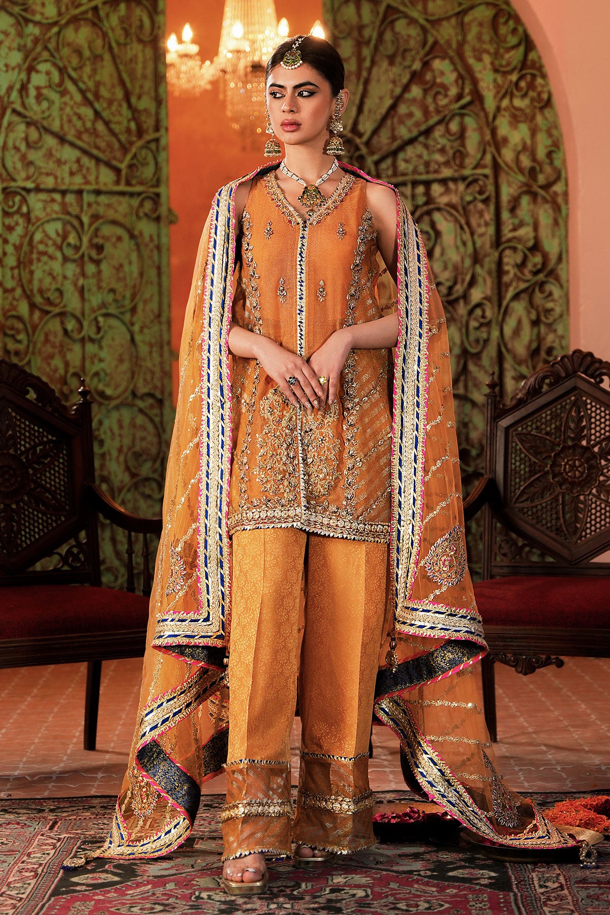 Pakistani Mustard Yellow Embellished Silk Short Shirt (2-Piece) - Image 1