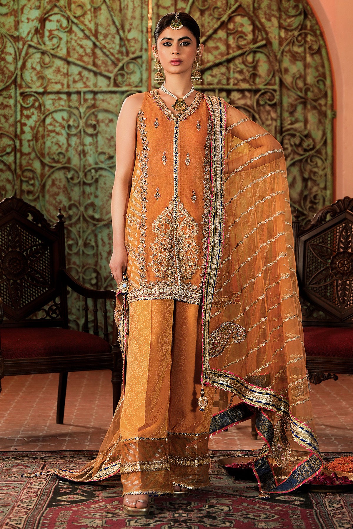 Pakistani Mustard Yellow Embellished Silk Short Shirt (2-Piece) - Image 2