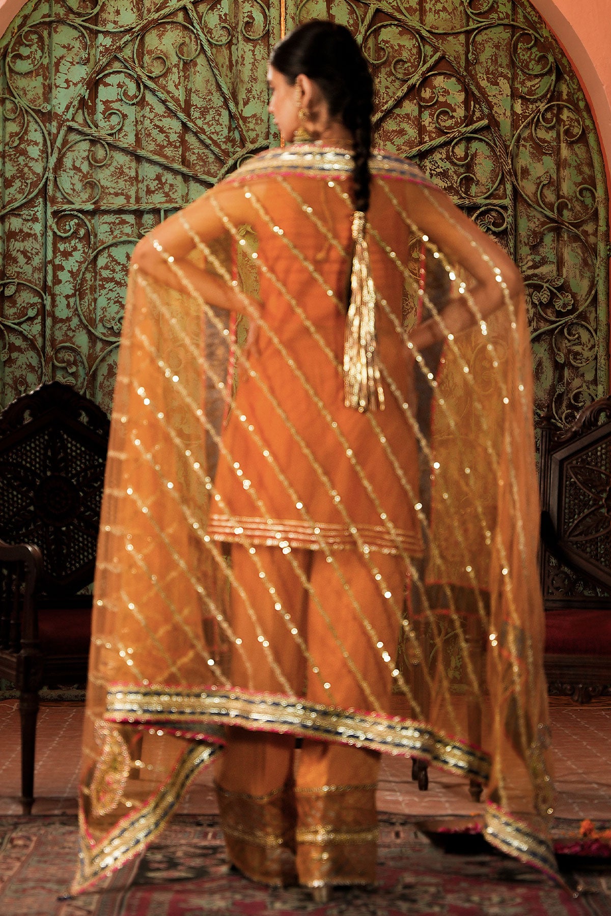 Pakistani Mustard Yellow Embellished Silk Short Shirt (2-Piece) - Image 3