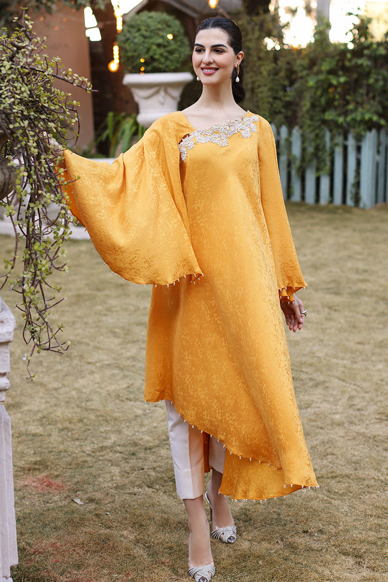 Yellow Handworked Silk Asymmetric Shirt (2-Piece) - Image 1