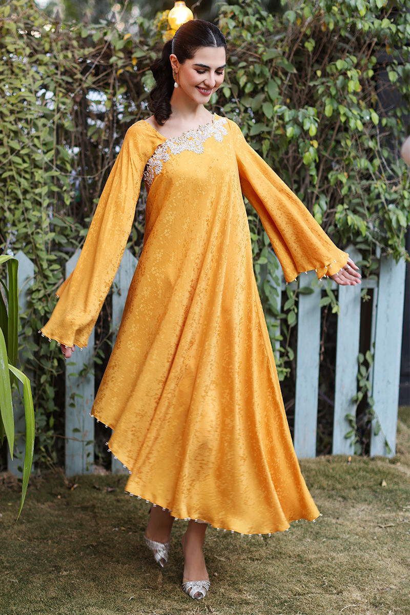 Yellow Handworked Silk Asymmetric Shirt (2-Piece) - Image 5