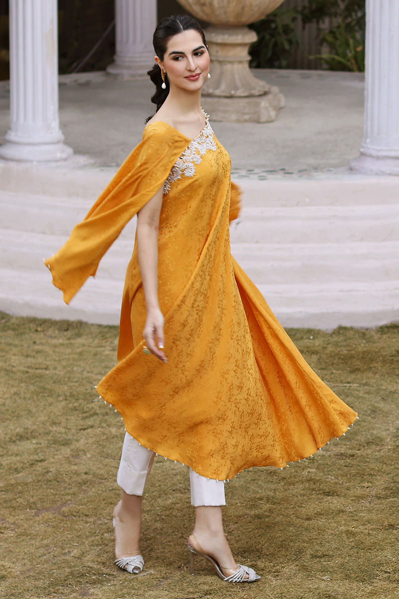 Yellow Handworked Silk Asymmetric Shirt (2-Piece) - Image 6