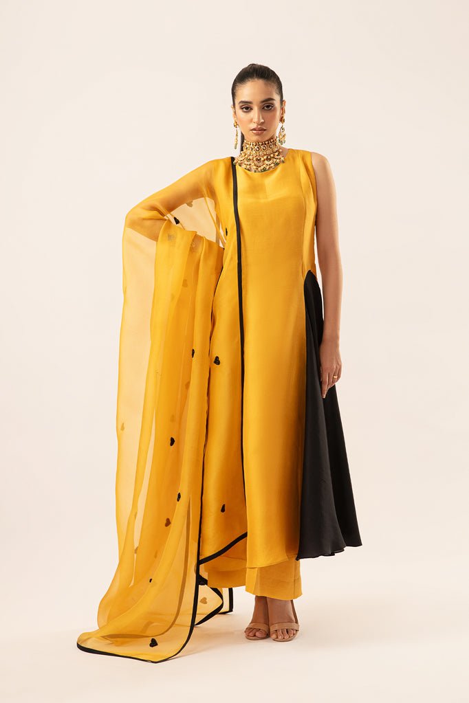 Pakistani Mustard & Black Pure Silk Salwar Kameez (3-Piece) - Image 2