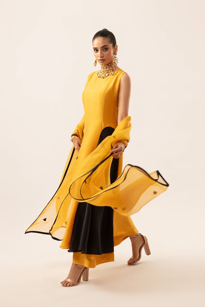 Pakistani Mustard & Black Pure Silk Salwar Kameez (3-Piece) - Image 4