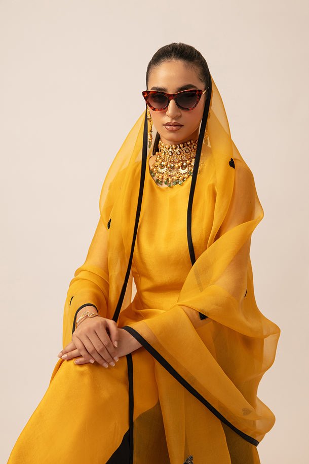 Pakistani Mustard & Black Pure Silk Salwar Kameez (3-Piece) - Image 8