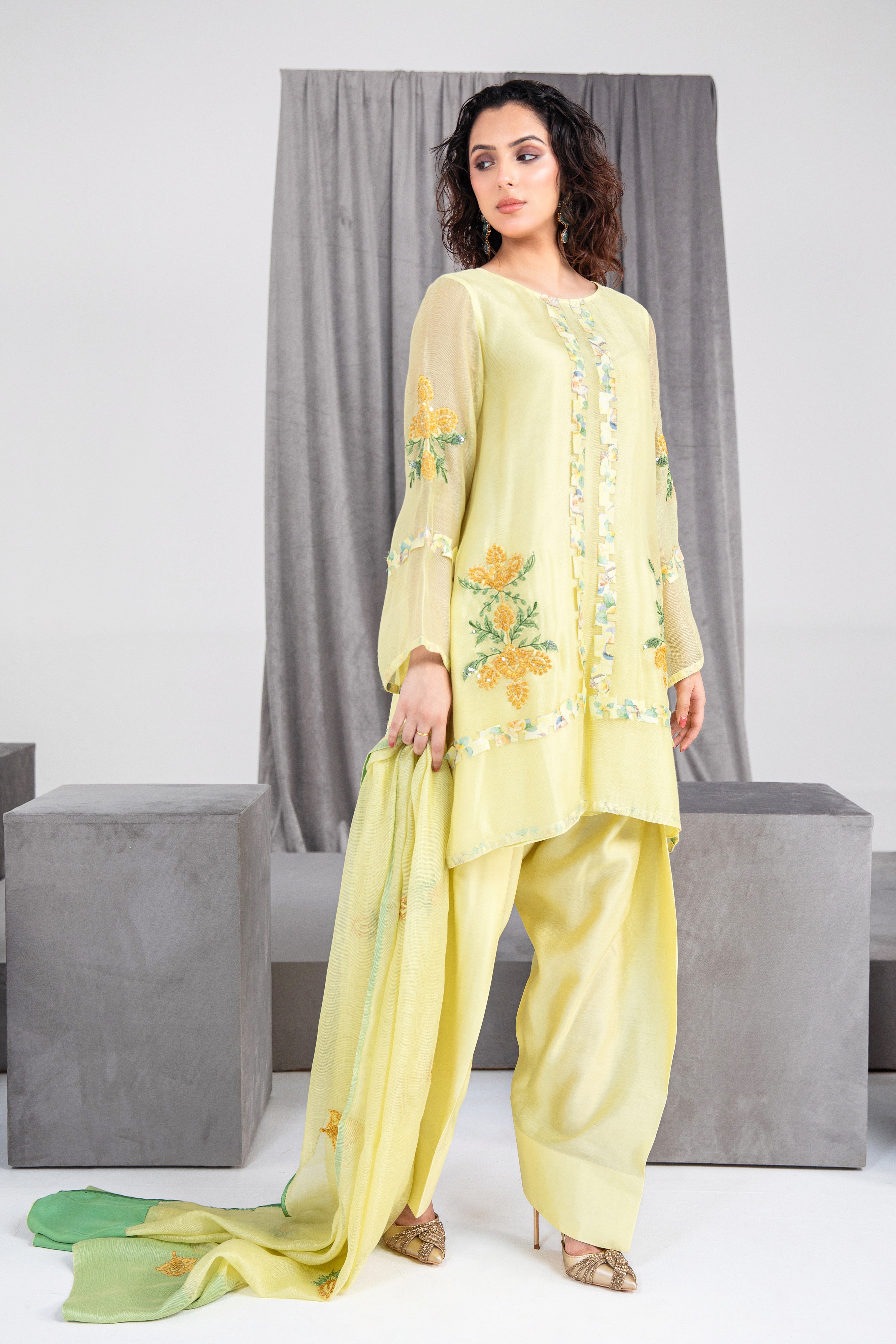 Mellow Yellow Embroidered Silk Net Salwar Kameez (3-Piece) - Image 1