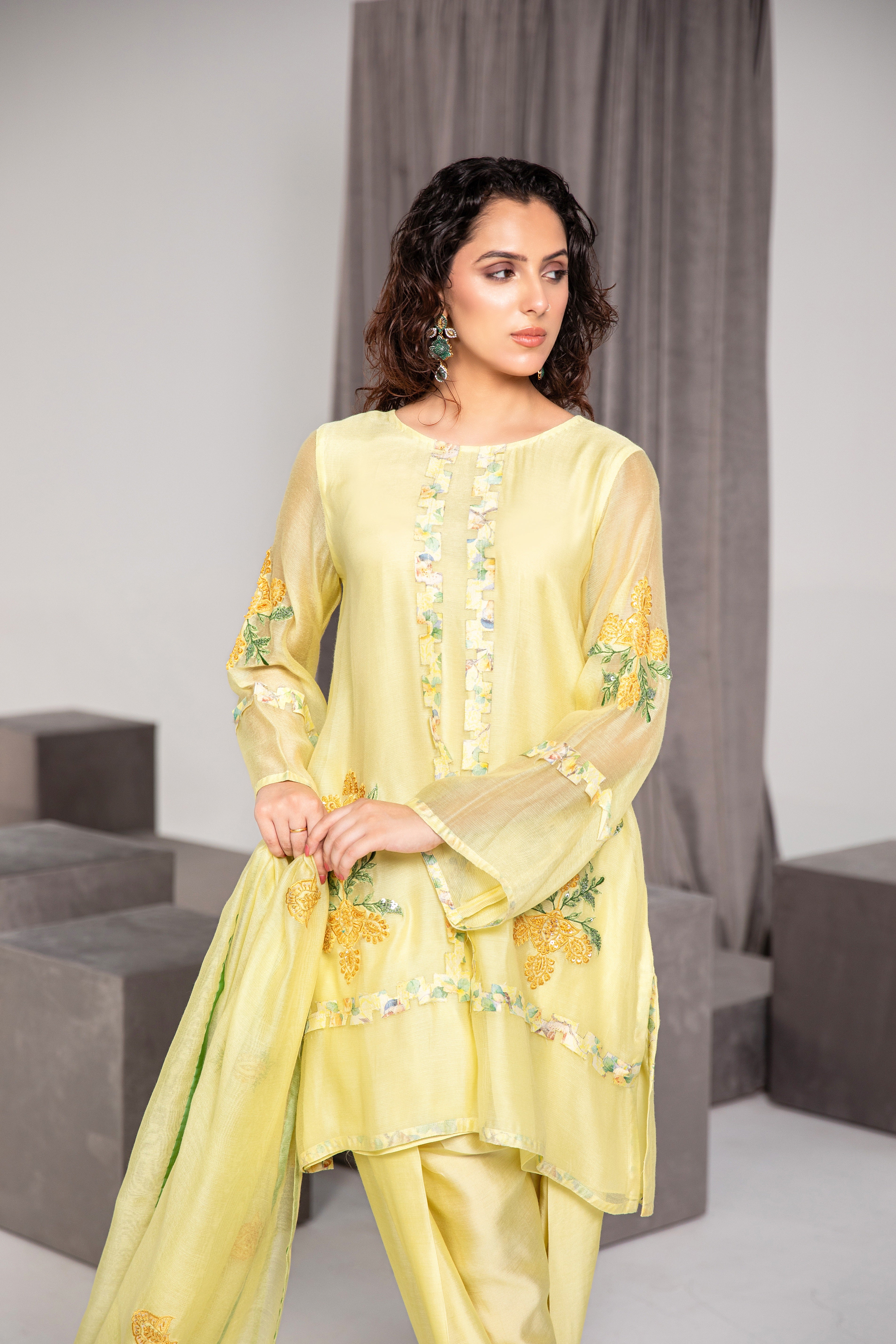 Mellow Yellow Embroidered Silk Net Salwar Kameez (3-Piece) - Image 2