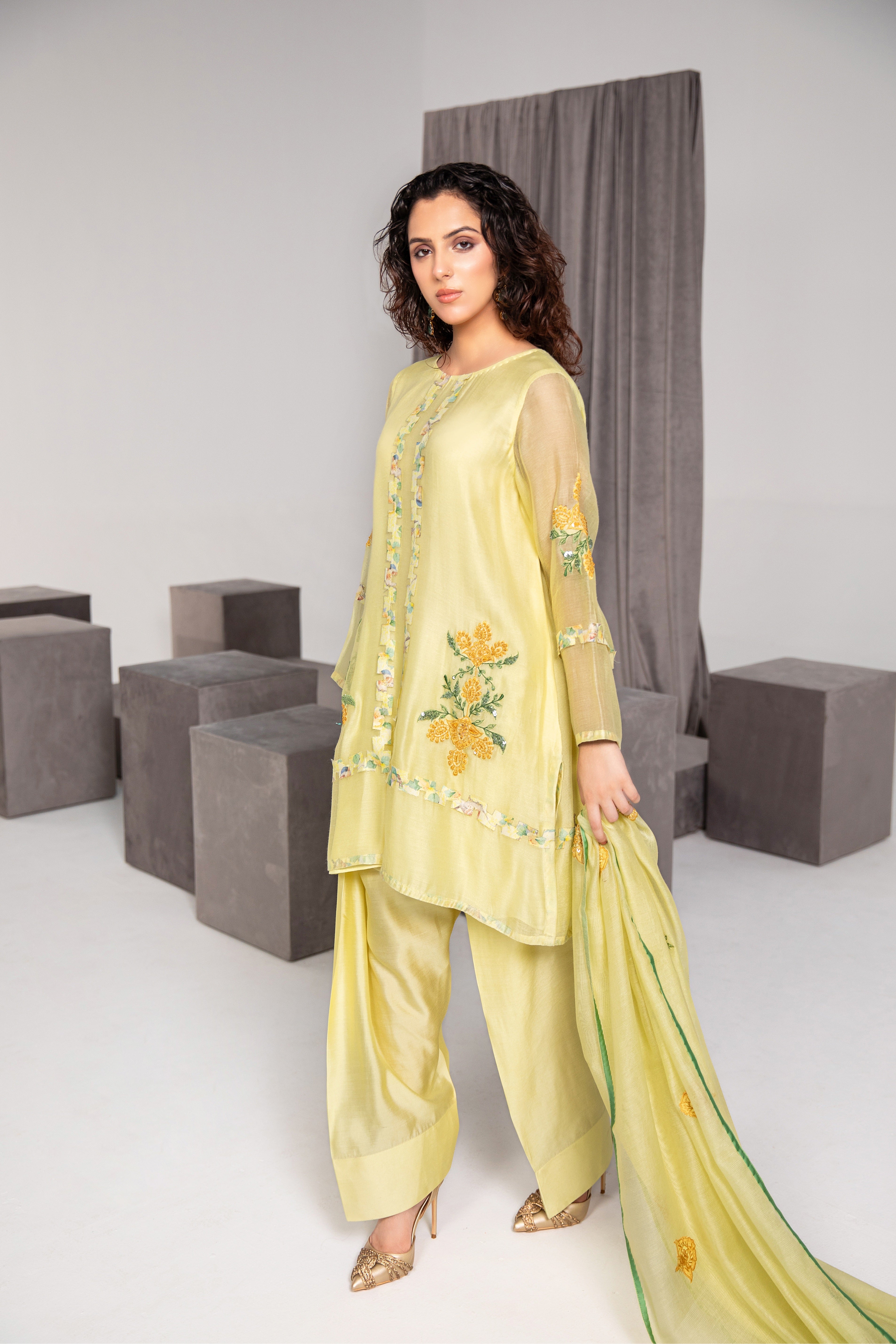Mellow Yellow Embroidered Silk Net Salwar Kameez (3-Piece) - Image 3