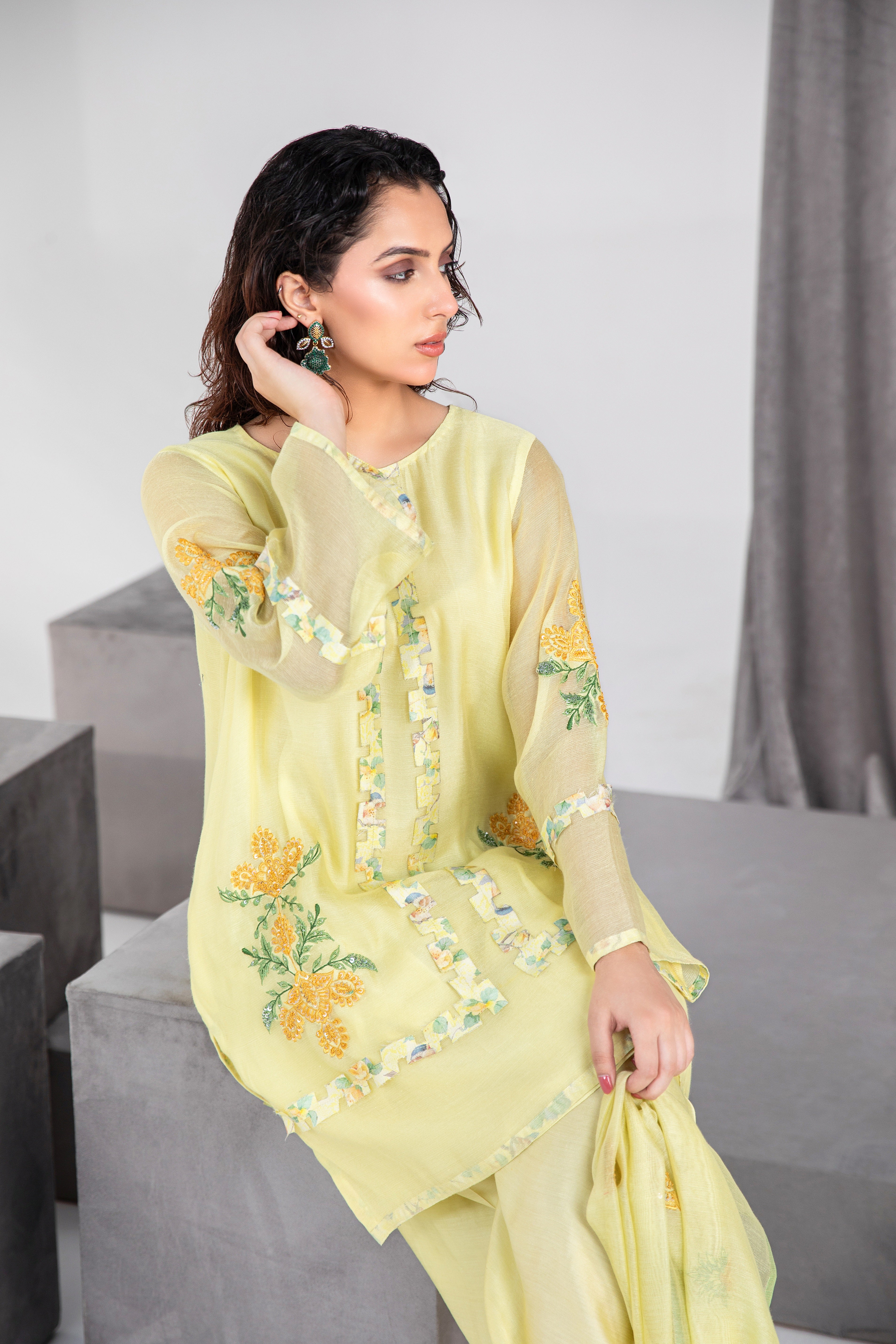 Mellow Yellow Embroidered Silk Net Salwar Kameez (3-Piece) - Image 4