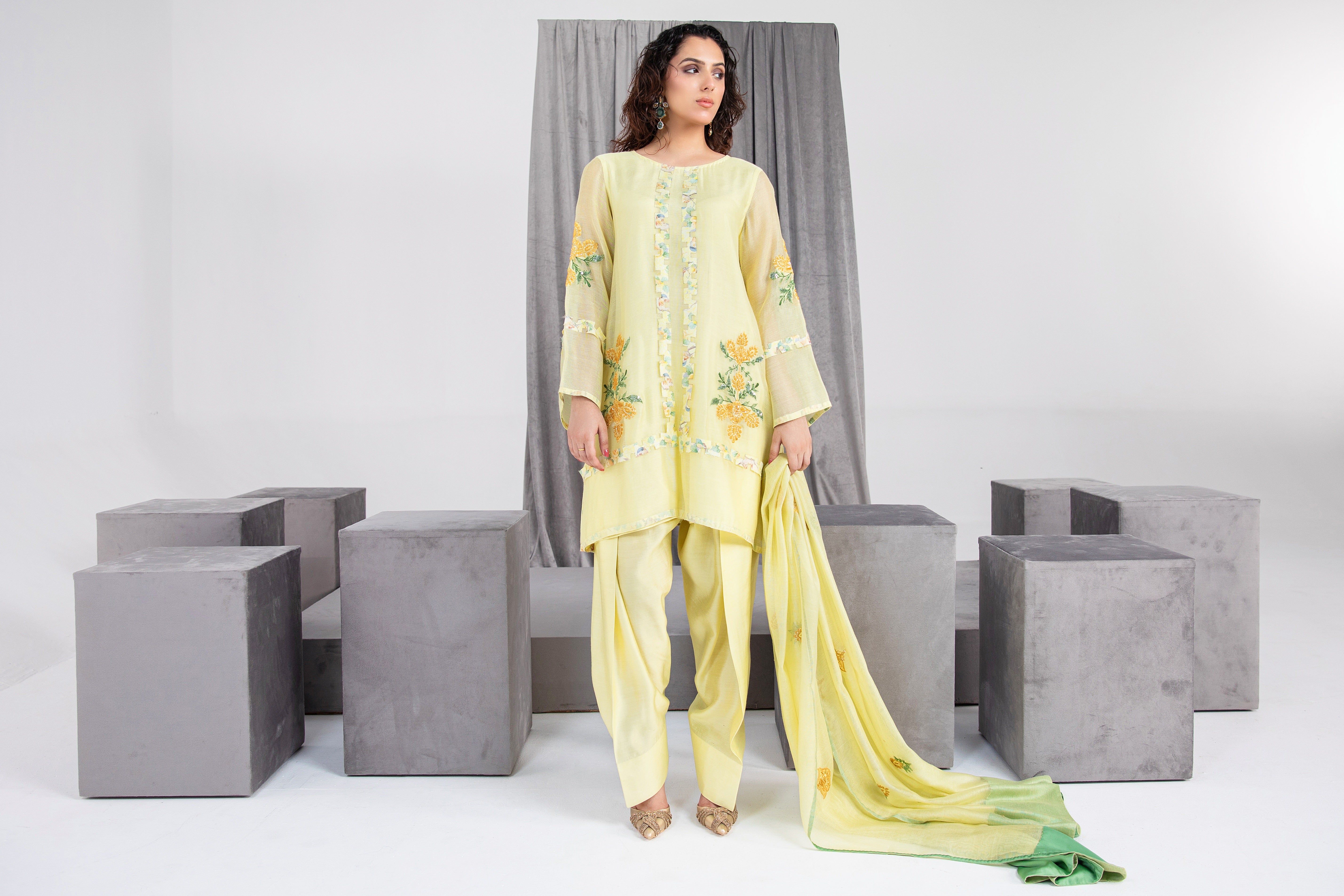 Mellow Yellow Embroidered Silk Net Salwar Kameez (3-Piece) - Image 5