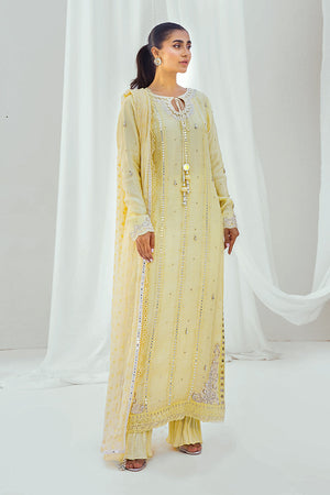 Pakistani Yellow Embroidered Silk Net Salwar Kameez (3-Piece) - Image 1