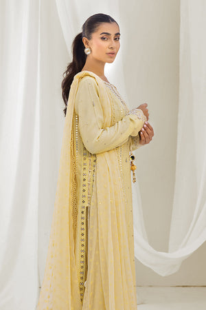 Pakistani Yellow Embroidered Silk Net Salwar Kameez (3-Piece) - Image 2