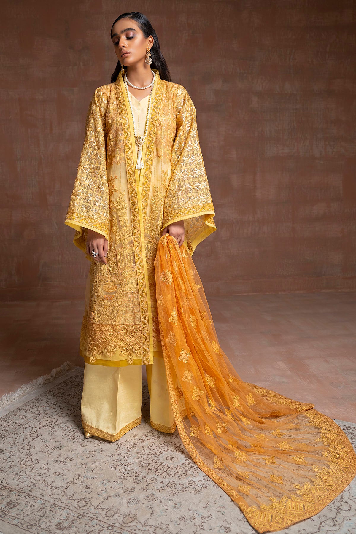 Golden Yellow Embroidered Silk Net Salwar Kameez (3-Piece) - Image 2