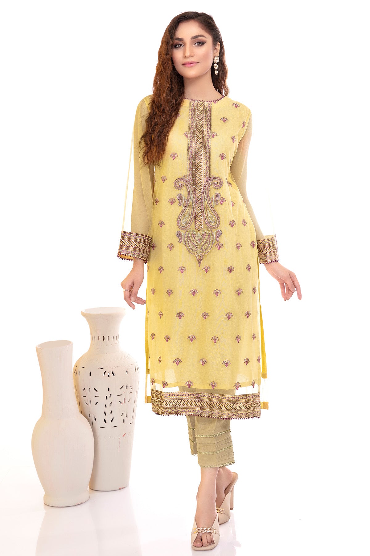 Pakistani Lemon Yellow Embroidered Silk Net Long Shirt (2-Piece) - Image 1