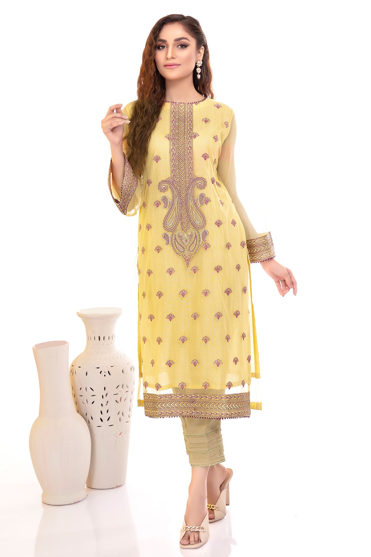 Pakistani Lemon Yellow Embroidered Silk Net Long Shirt (2-Piece) - Image 2