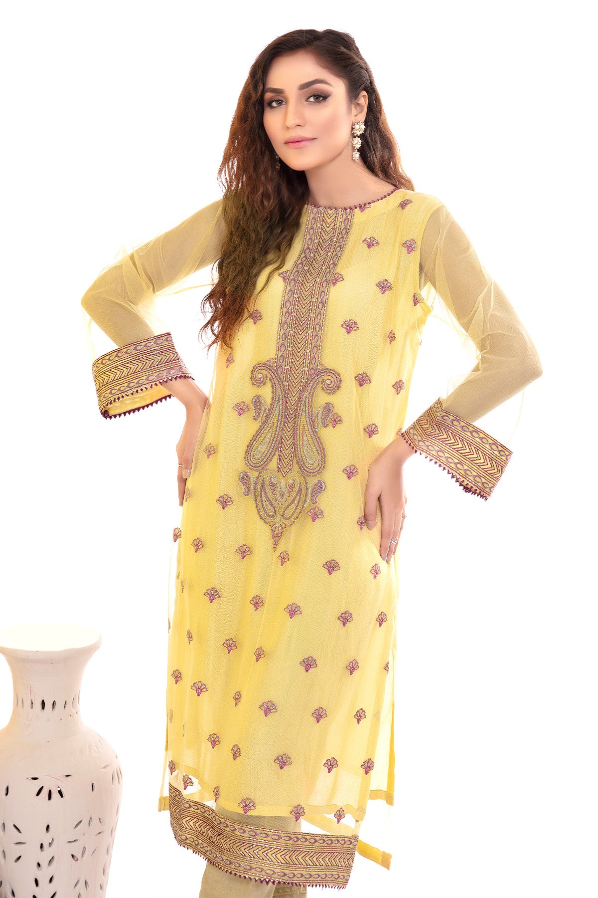 Pakistani Lemon Yellow Embroidered Silk Net Long Shirt (2-Piece) - Image 3