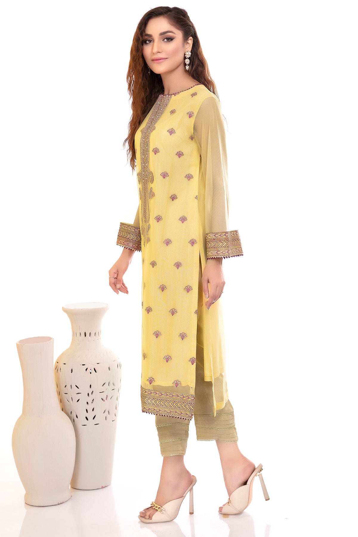 Pakistani Lemon Yellow Embroidered Silk Net Long Shirt (2-Piece) - Image 4