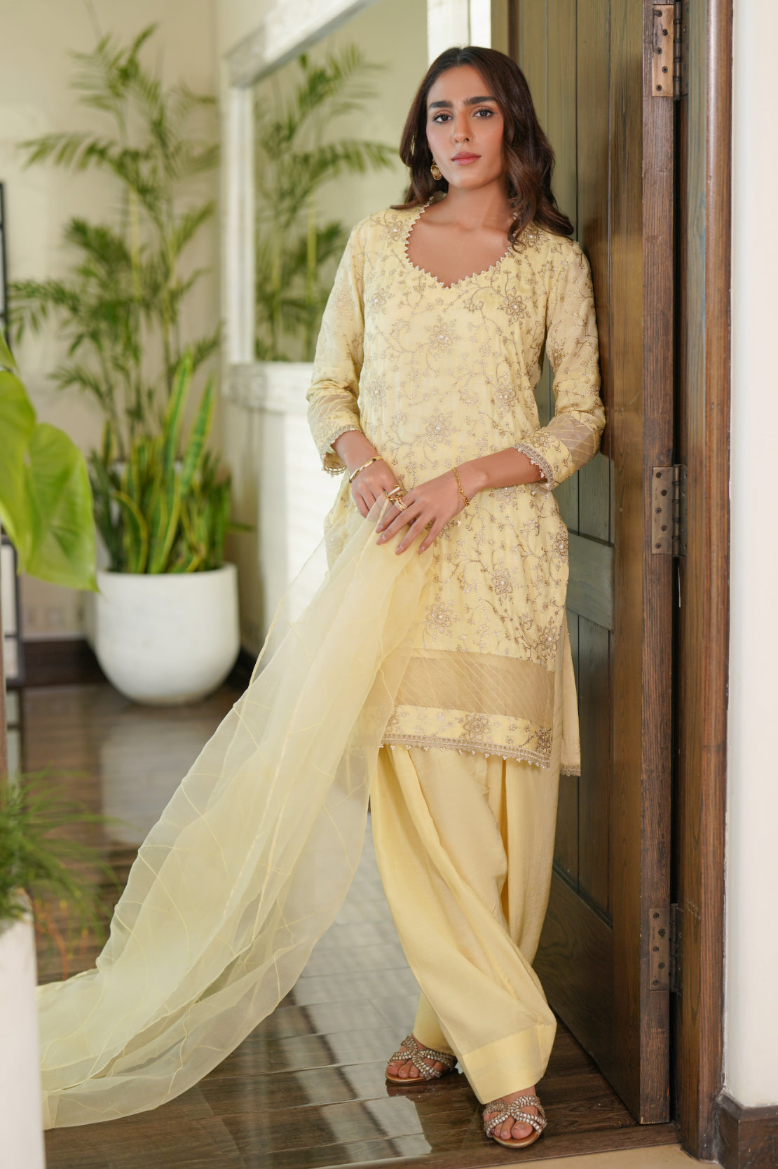 Pakistani Lemon Yellow Pearl & Gold Tilla Silk Salwar Kameez (3-Piece) - Image 1