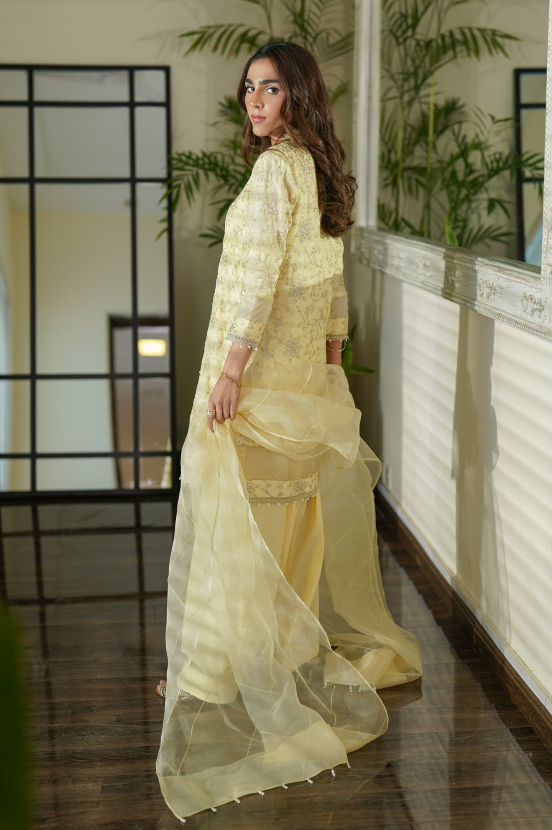 Pakistani Lemon Yellow Pearl & Gold Tilla Silk Salwar Kameez (3-Piece) - Image 2