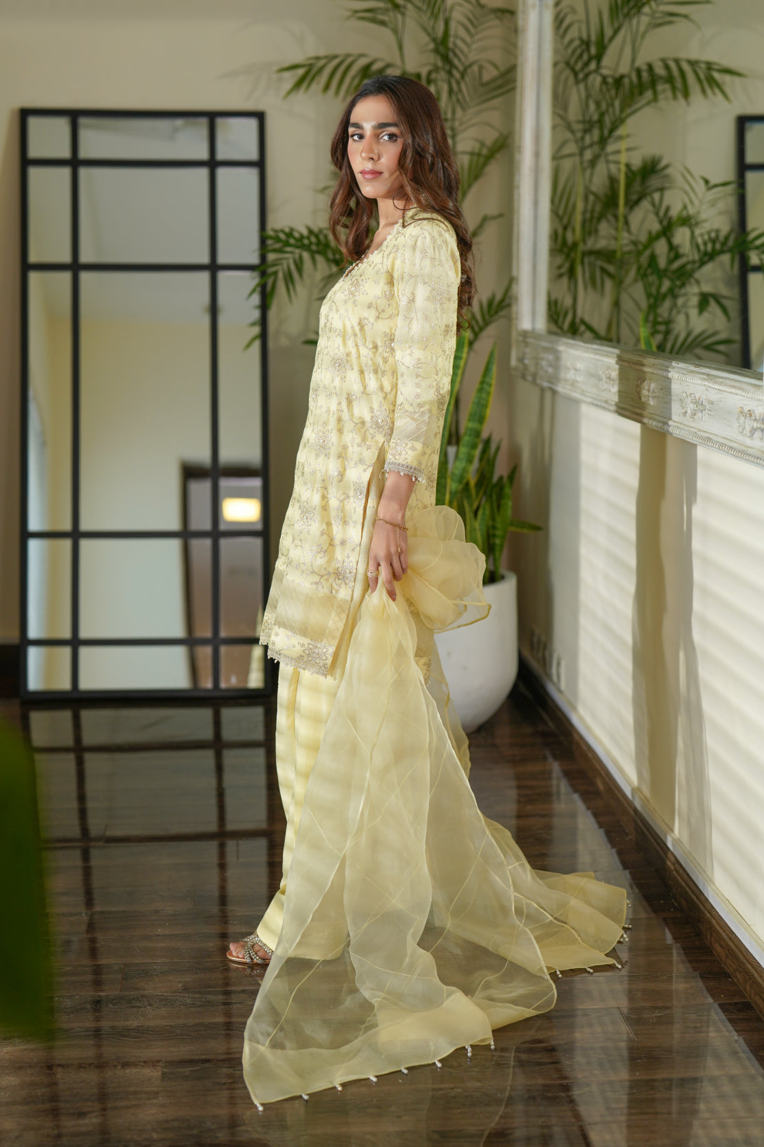 Pakistani Lemon Yellow Pearl & Gold Tilla Silk Salwar Kameez (3-Piece) - Image 3