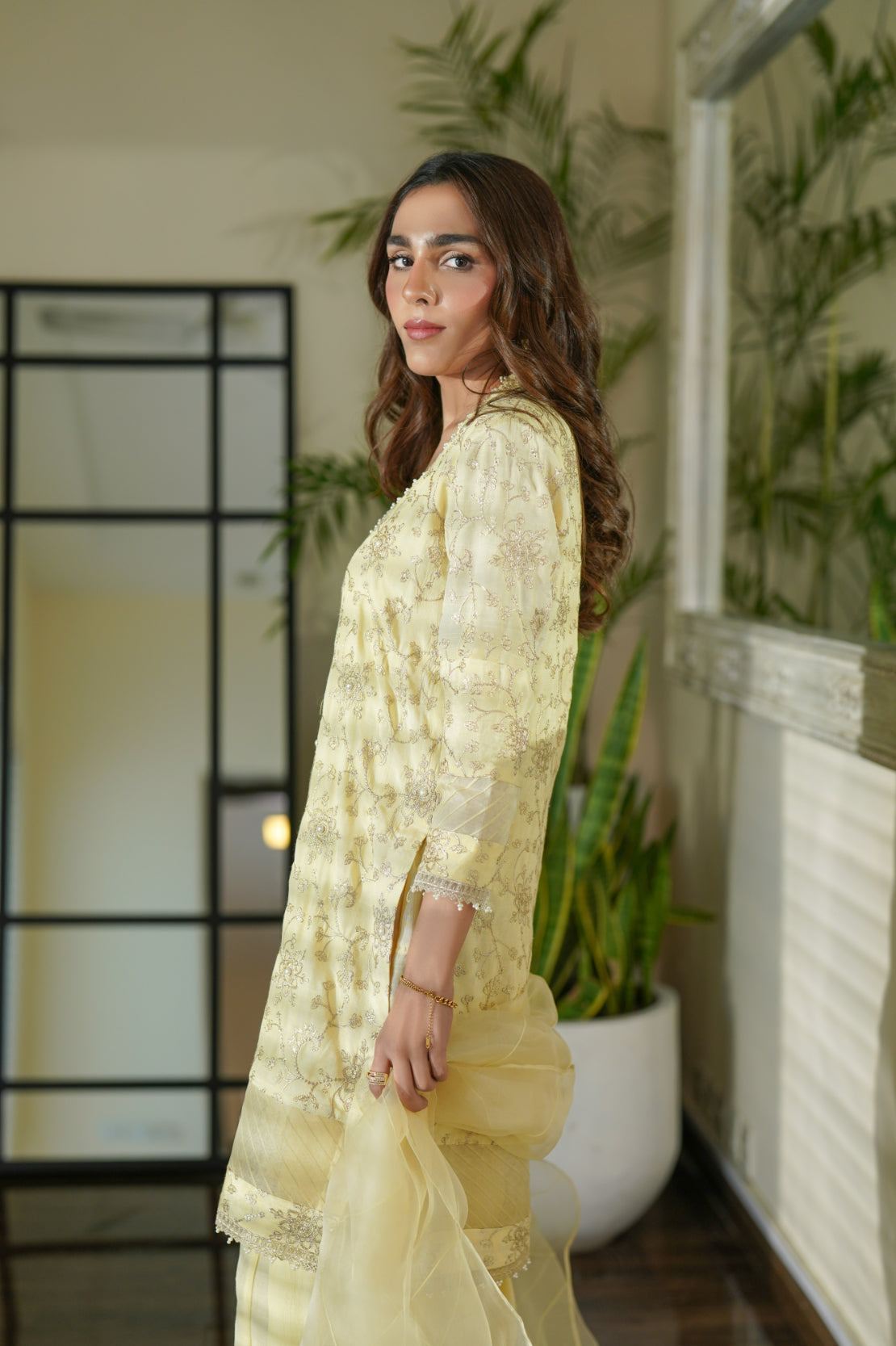 Pakistani Lemon Yellow Pearl & Gold Tilla Silk Salwar Kameez (3-Piece) - Image 4