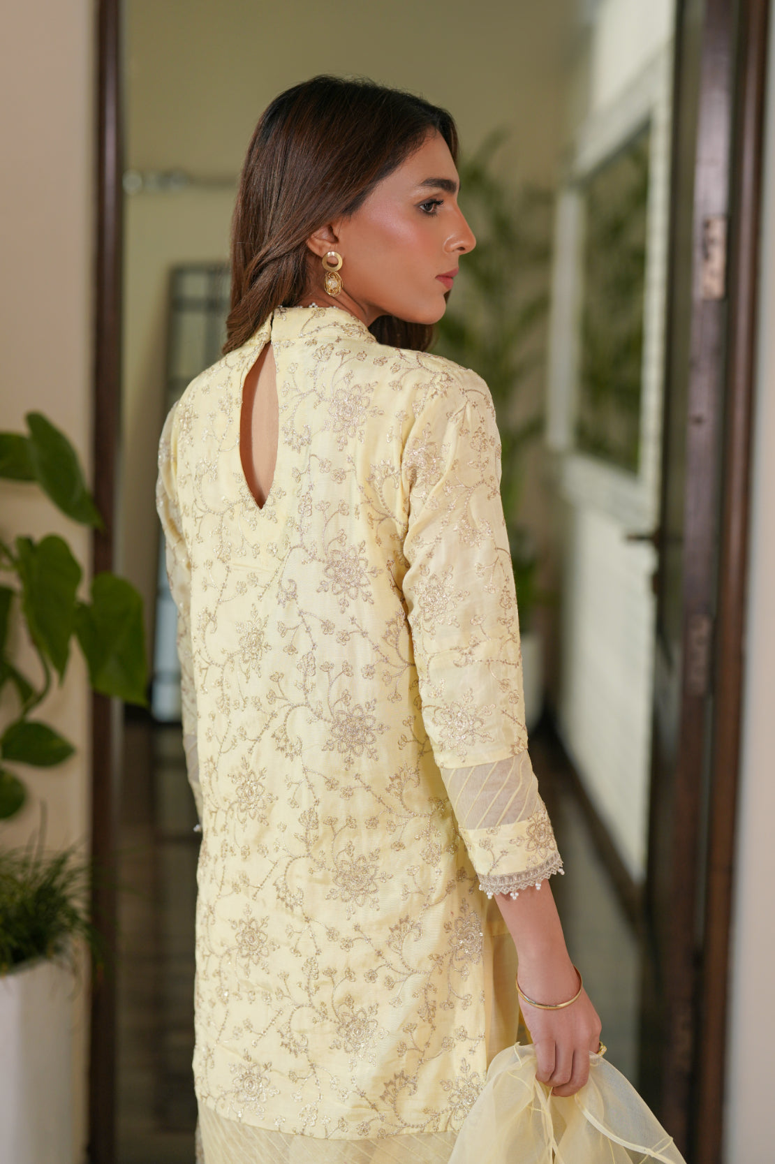 Pakistani Lemon Yellow Pearl & Gold Tilla Silk Salwar Kameez (3-Piece) - Image 5