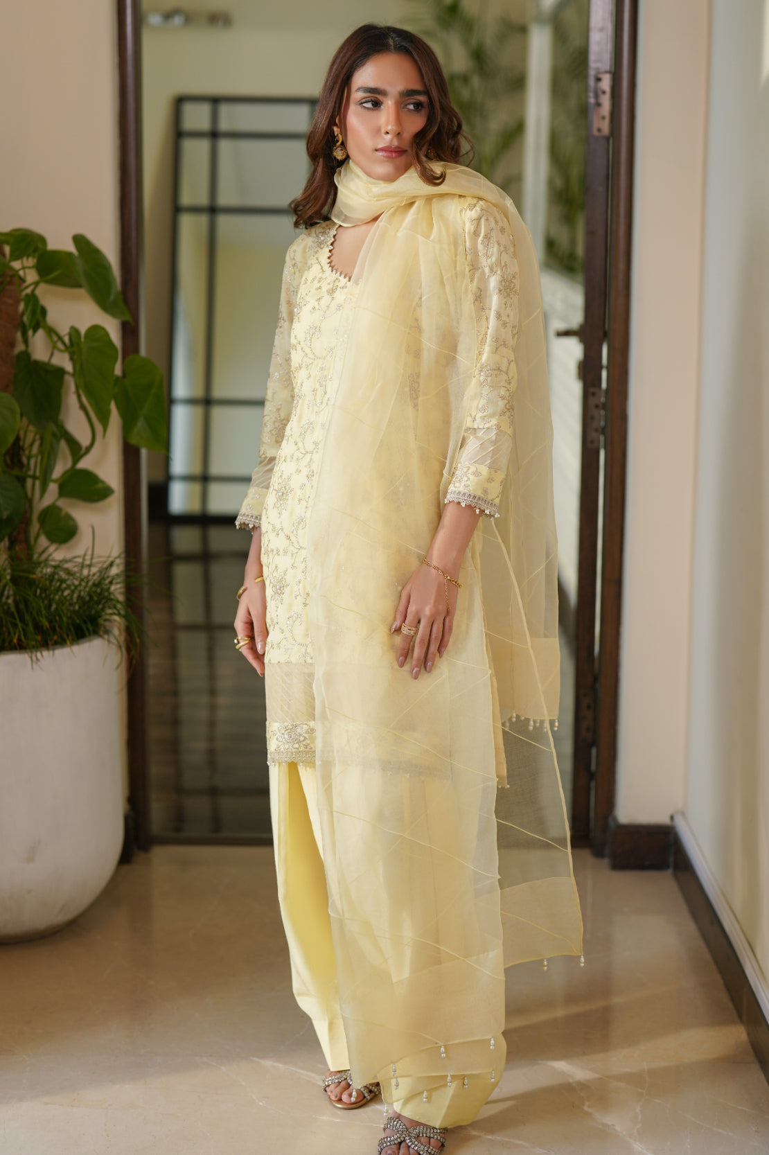 Pakistani Lemon Yellow Pearl & Gold Tilla Silk Salwar Kameez (3-Piece) - Image 6
