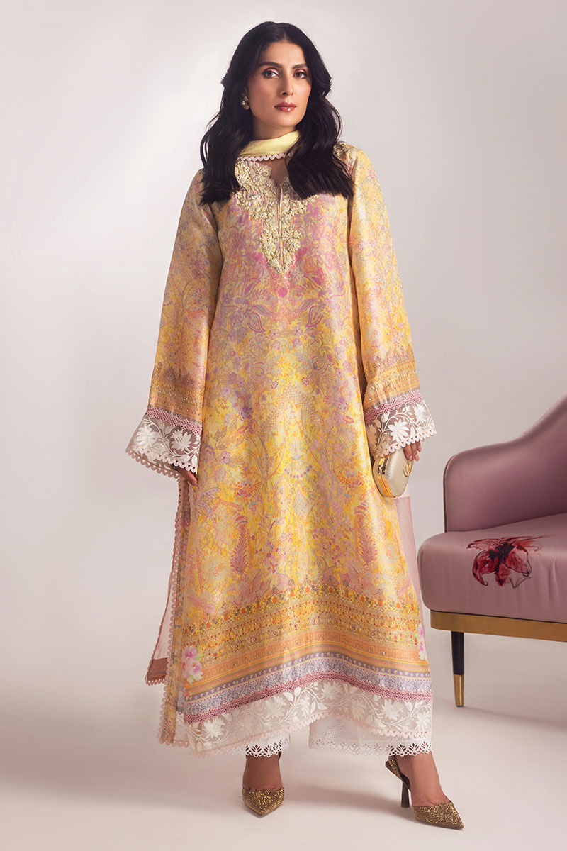 Lemon Embroidered Medium Silk Salwar Kameez (3-Piece) - Image 1