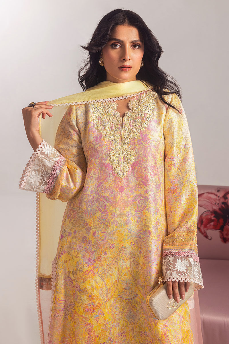 Lemon Embroidered Medium Silk Salwar Kameez (3-Piece) - Image 2