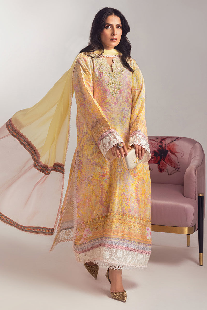 Lemon Embroidered Medium Silk Salwar Kameez (3-Piece) - Image 3