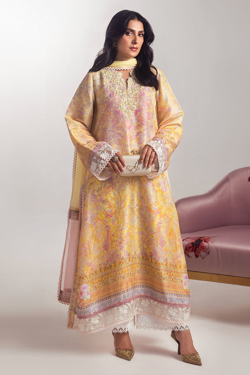 Lemon Embroidered Medium Silk Salwar Kameez (3-Piece) - Image 5