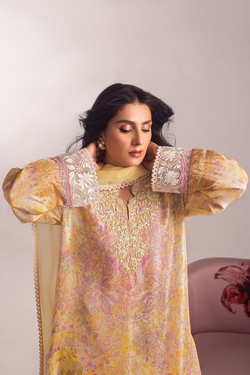 Lemon Embroidered Medium Silk Salwar Kameez (3-Piece) - Image 6