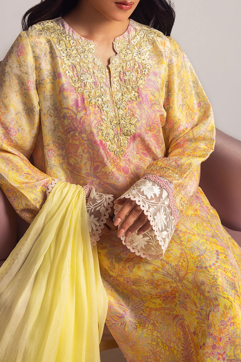 Lemon Embroidered Medium Silk Salwar Kameez (3-Piece) - Image 7