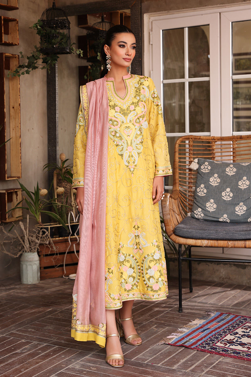 Lemon Yellow Embroidered Silk Salwar Kameez (3-Piece) - Image 1