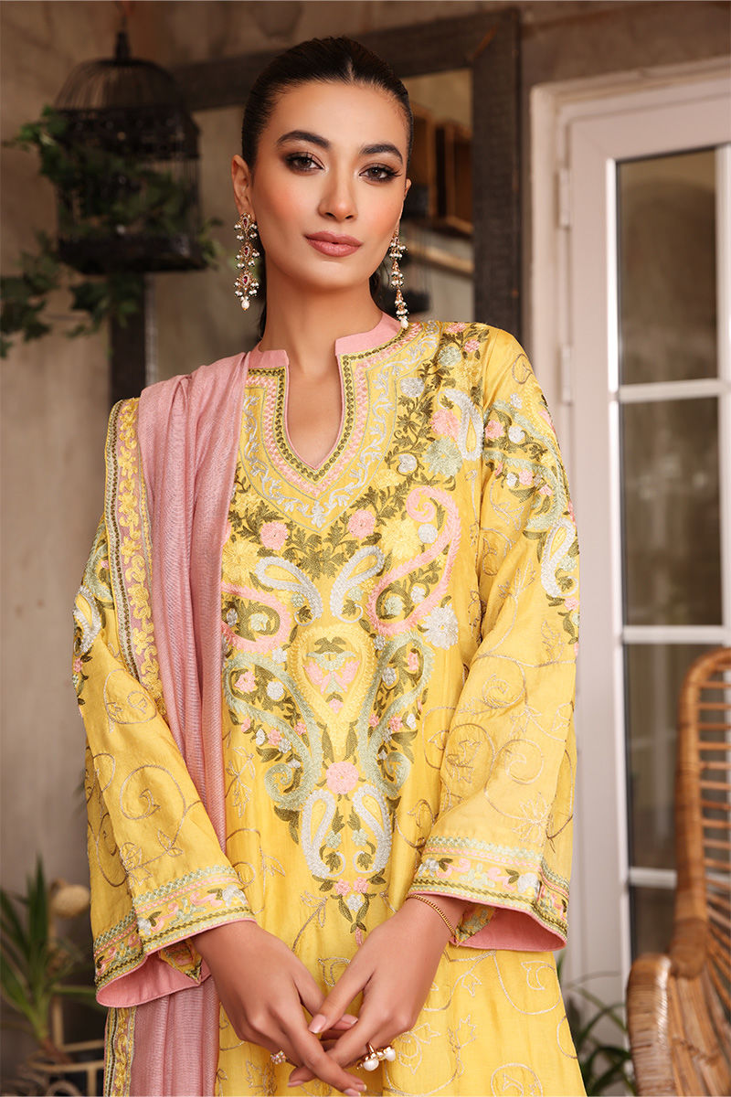 Lemon Yellow Embroidered Silk Salwar Kameez (3-Piece) - Image 2