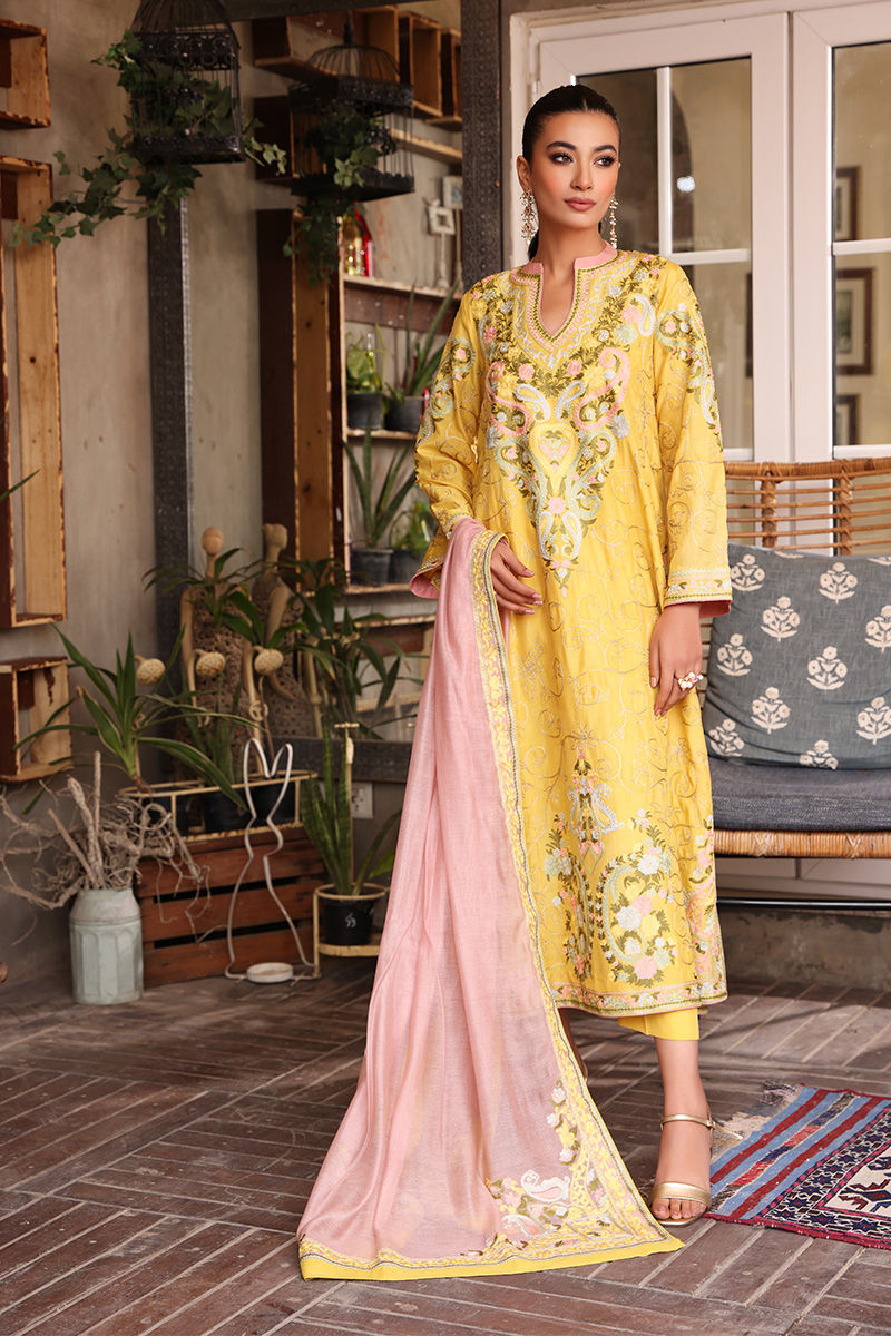 Lemon Yellow Embroidered Silk Salwar Kameez (3-Piece) - Image 3