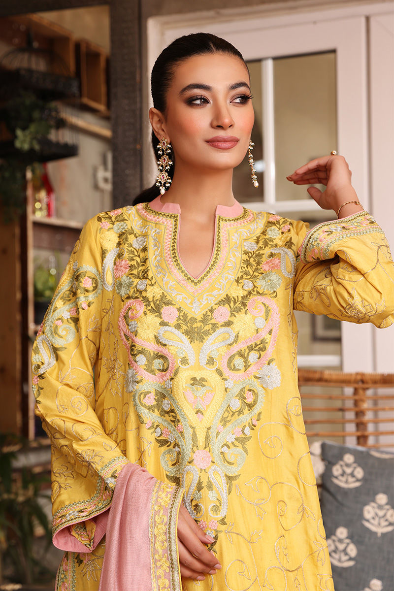 Lemon Yellow Embroidered Silk Salwar Kameez (3-Piece) - Image 4