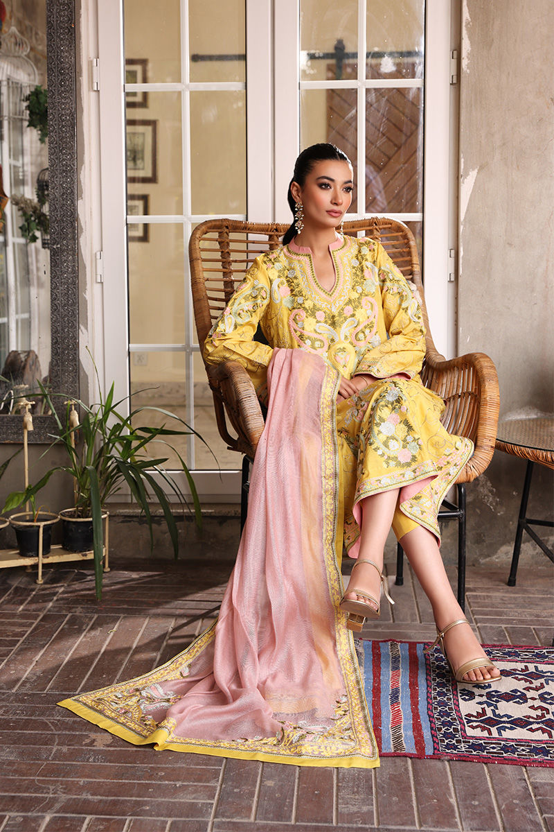 Lemon Yellow Embroidered Silk Salwar Kameez (3-Piece) - Image 5