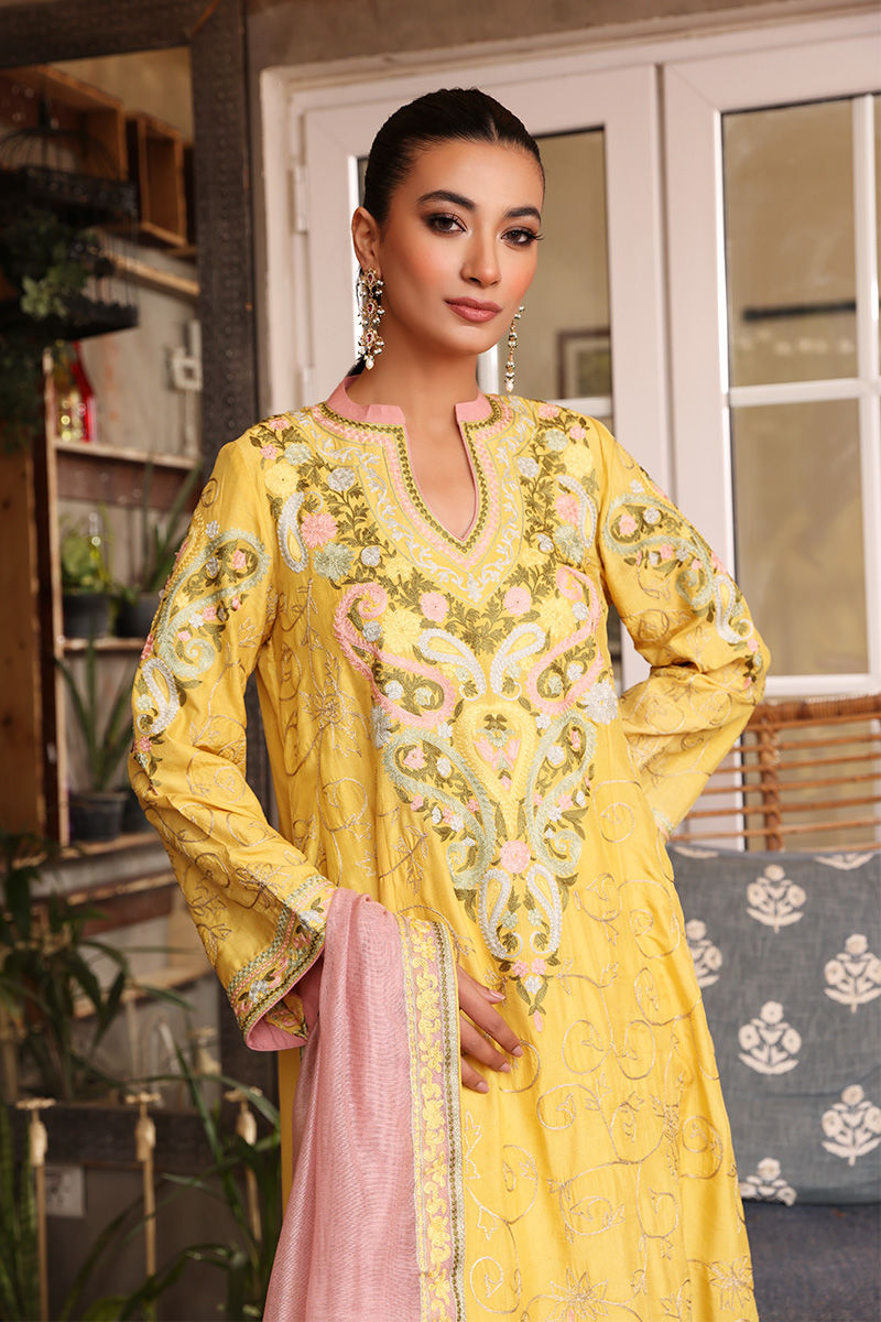 Lemon Yellow Embroidered Silk Salwar Kameez (3-Piece) - Image 6