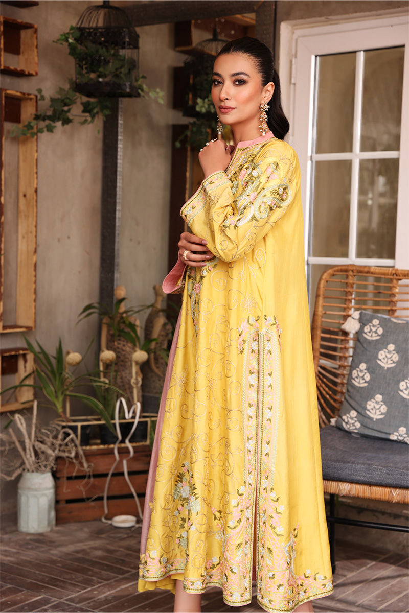 Lemon Yellow Embroidered Silk Salwar Kameez (3-Piece) - Image 7