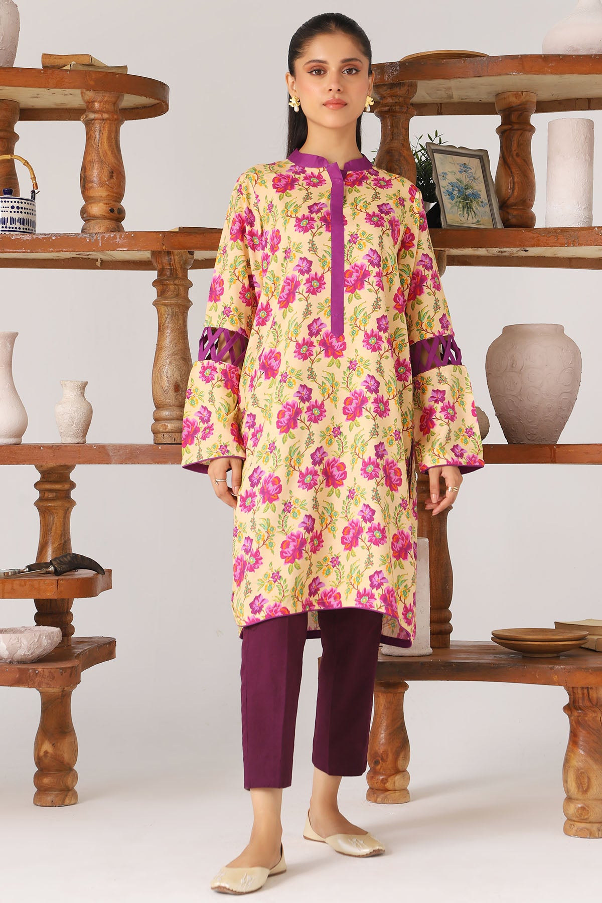 Pakistani Yellow Digital Printed Slub Linen Shirt (1-Pc) - Image 1