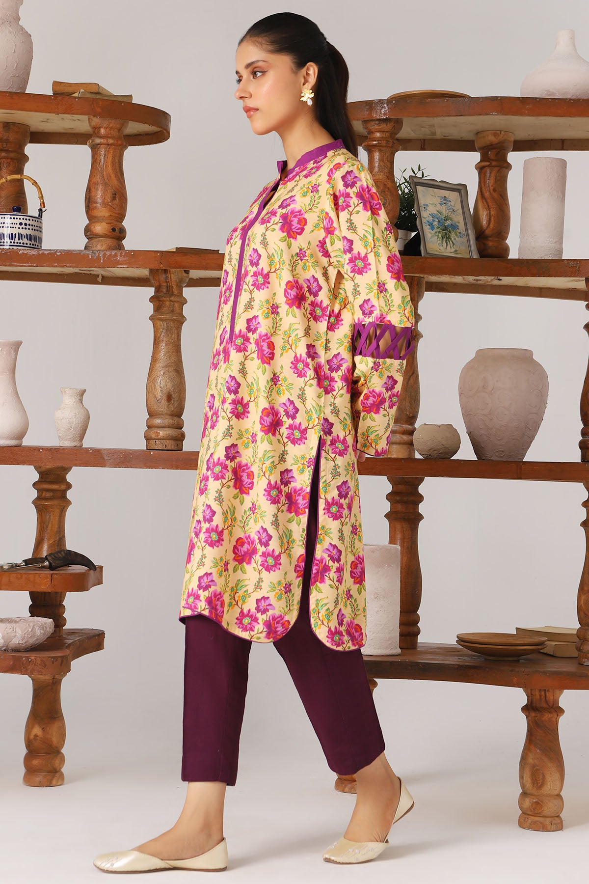 Pakistani Yellow Digital Printed Slub Linen Shirt (1-Pc) - Image 2